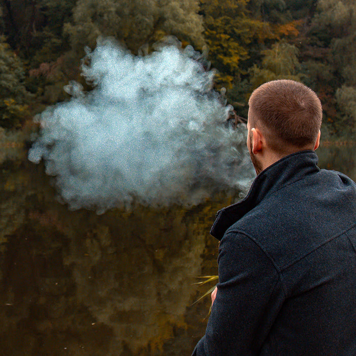 Person vaping a Smok RPM 5 while looking over a river and forest of fall colours