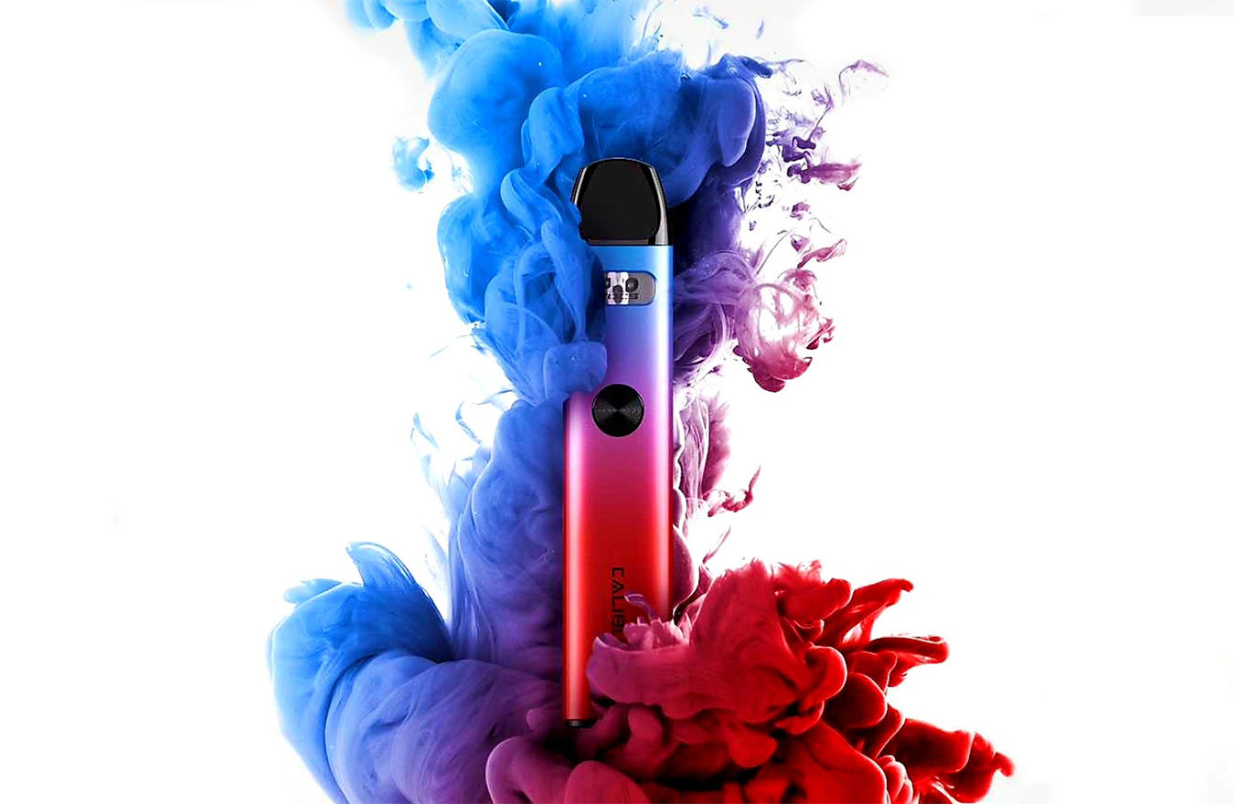 UWell Caliburn A2 vaporizer surrounded by ribbons of blue and red smoke