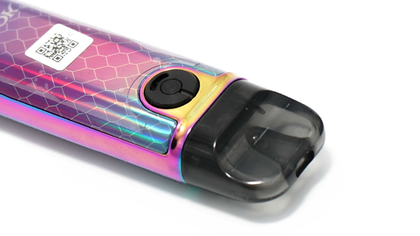 SMOK Novo 4 Mini Pod Vape Device lying on side with mouthpiece and airflow control wheel visible