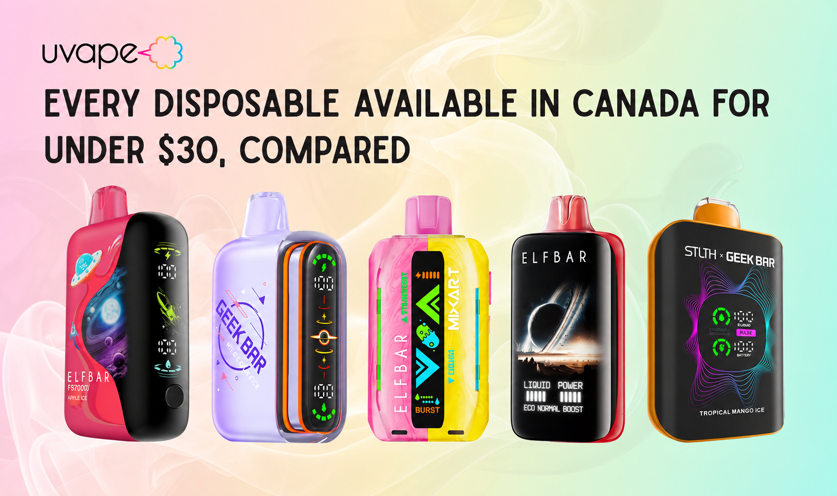 Graphic showing a number of different vapes in Canada that cost less than $30