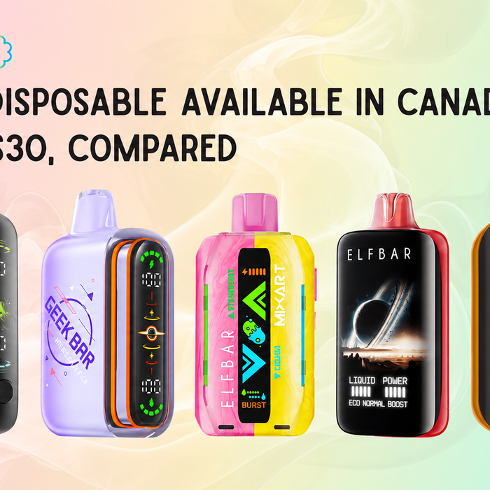 Graphic showing a number of different vapes in Canada that cost less than $30