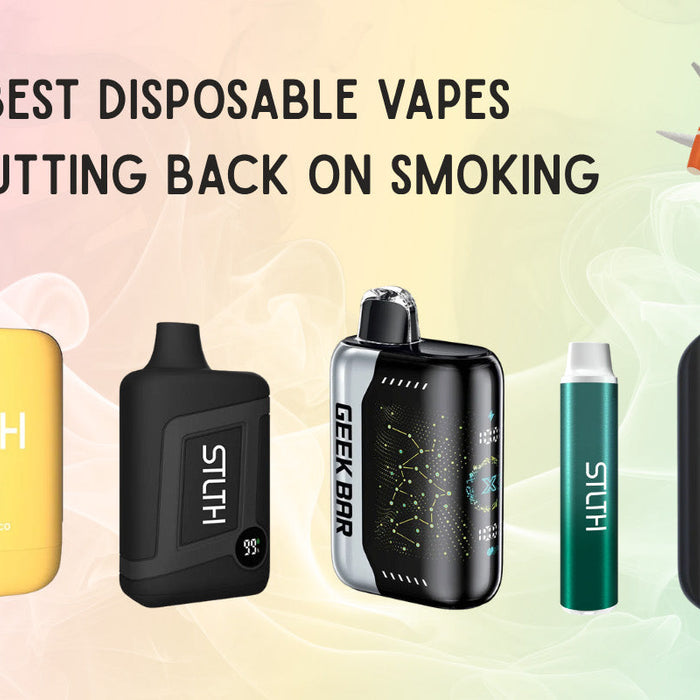 Hero image showing the best disposable vapes for quitting smoking, including the STLTH Titan Max, STLTH 8K Pro, Geek Bar Pulse X, STLTH ECO, and STLTH X Geek Bar.