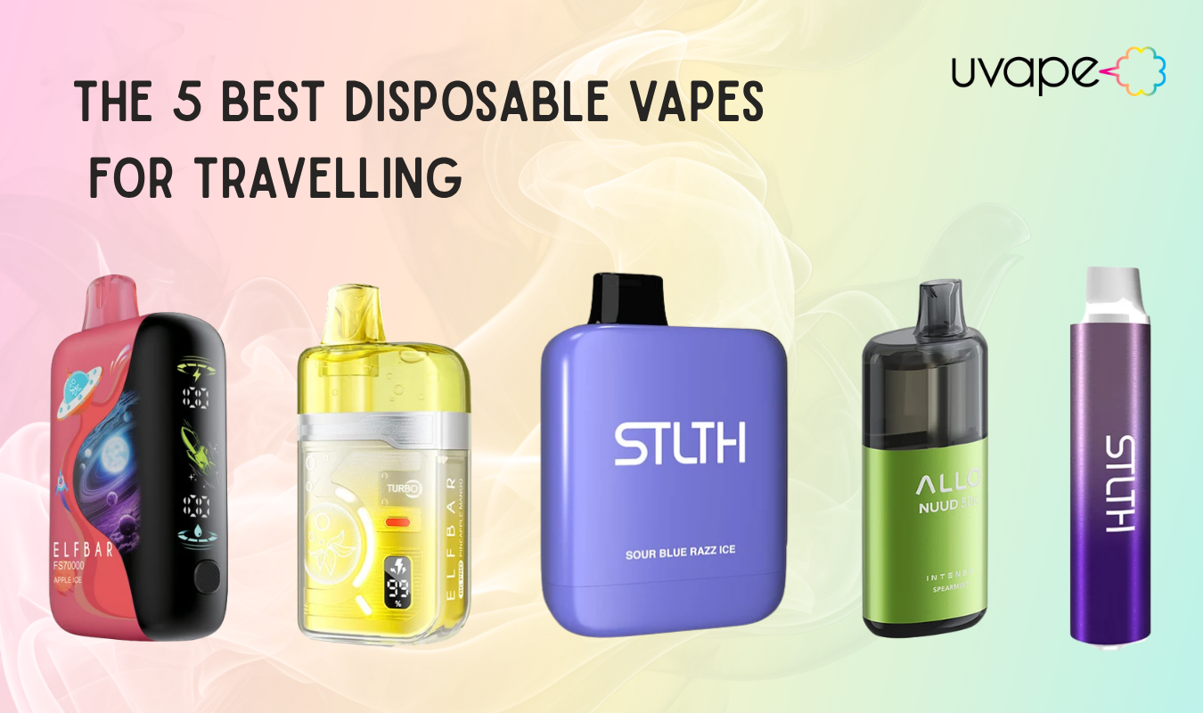 Graphic showing the 5 best disposable vapes for traveling, including the Elf Bar FS70K, ElfBar BC Pro 80K, STLTH Titan Max, Allo Intense NUUD 50K, and STLTH Eco