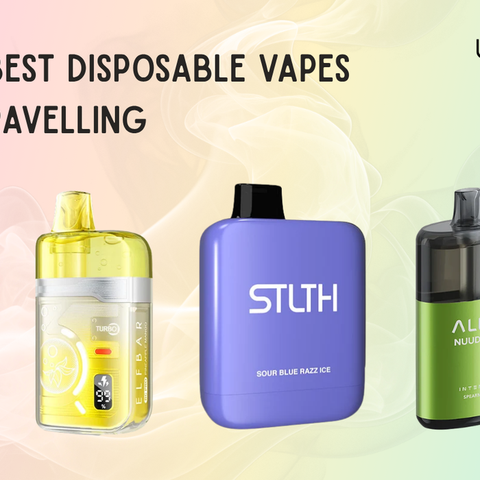 Graphic showing the 5 best disposable vapes for traveling, including the Elf Bar FS70K, ElfBar BC Pro 80K, STLTH Titan Max, Allo Intense NUUD 50K, and STLTH Eco