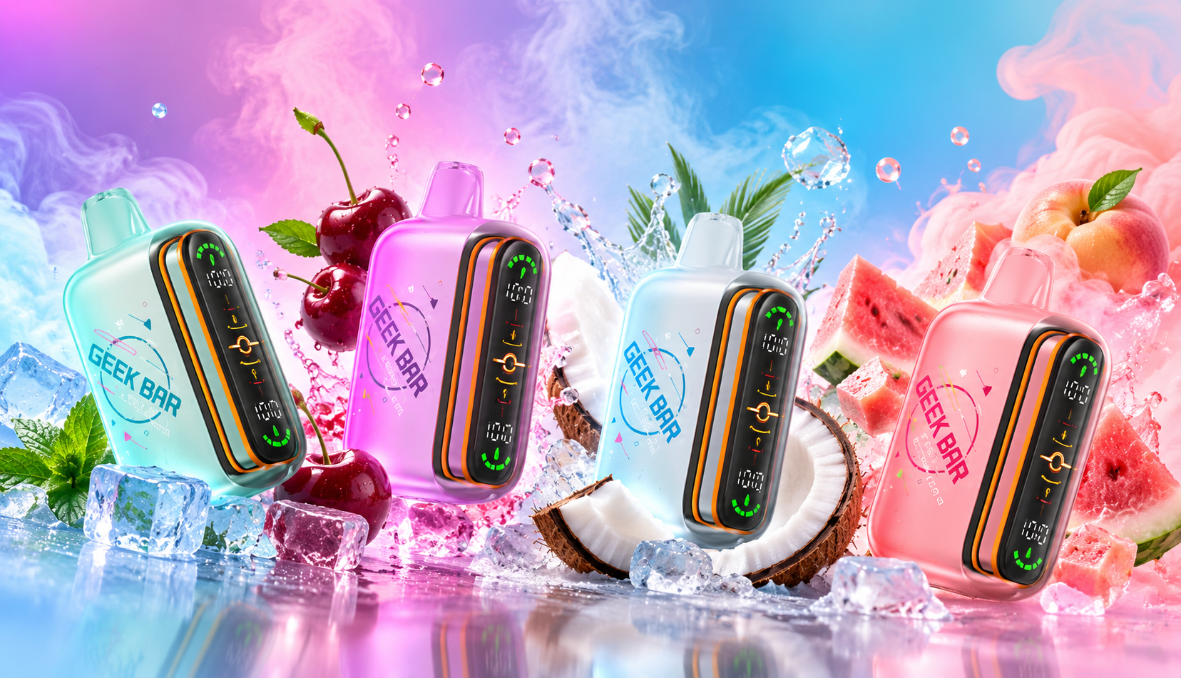 Geek Bar Pulse 2 disposable vape devices in four colours surrounded by fruit, ice and colourful vapor.