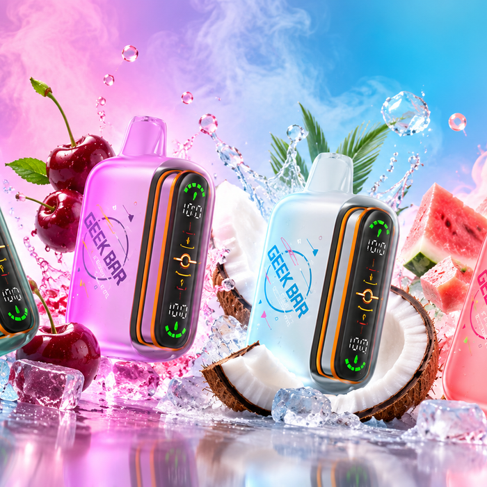 Geek Bar Pulse 2 disposable vape devices in four colours surrounded by fruit, ice and colourful vapor.