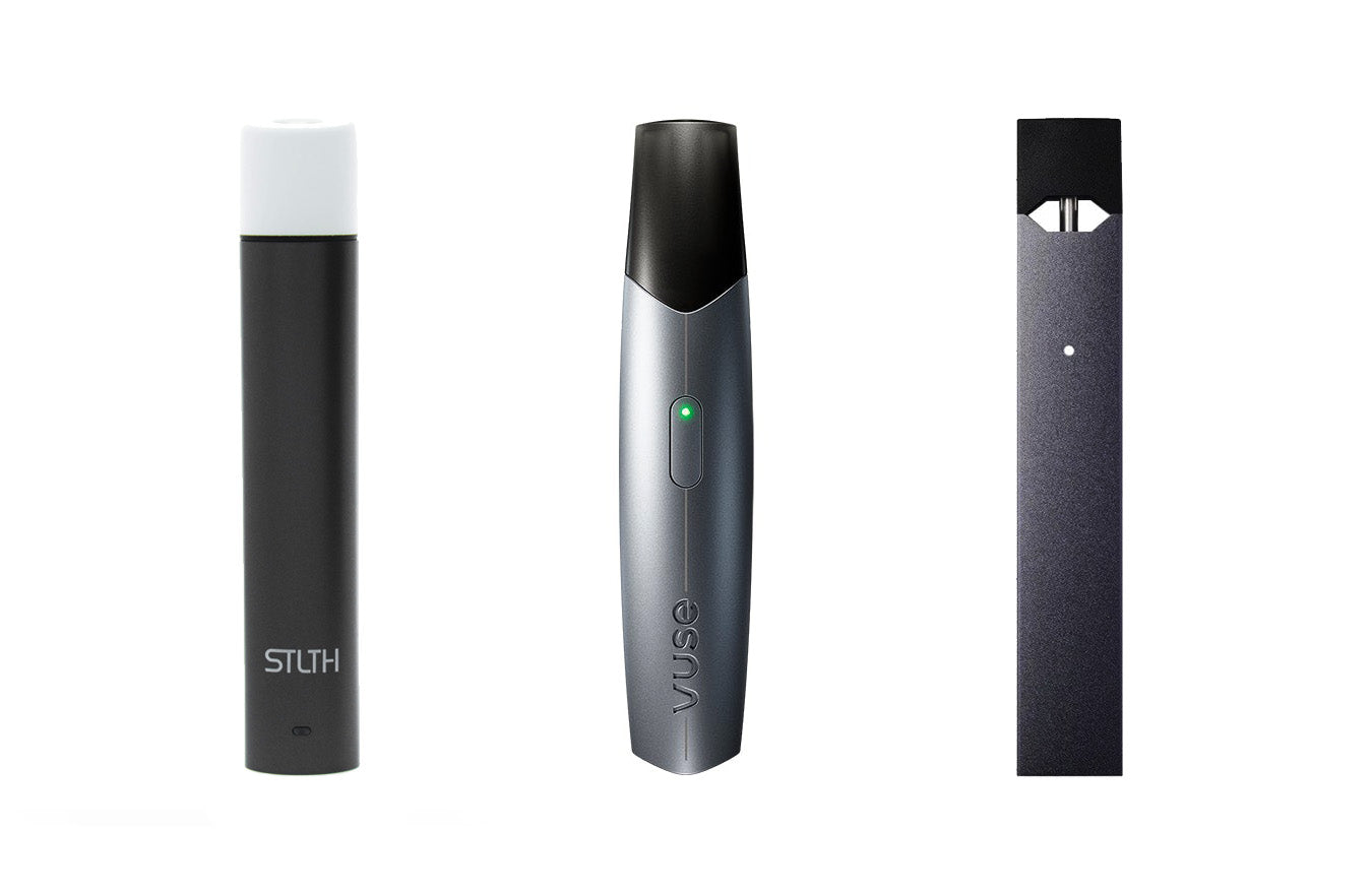 Collage with JUUL and STLTH and VUSE pod systems