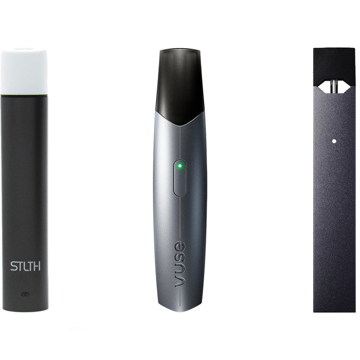 Collage with JUUL and STLTH and VUSE pod systems