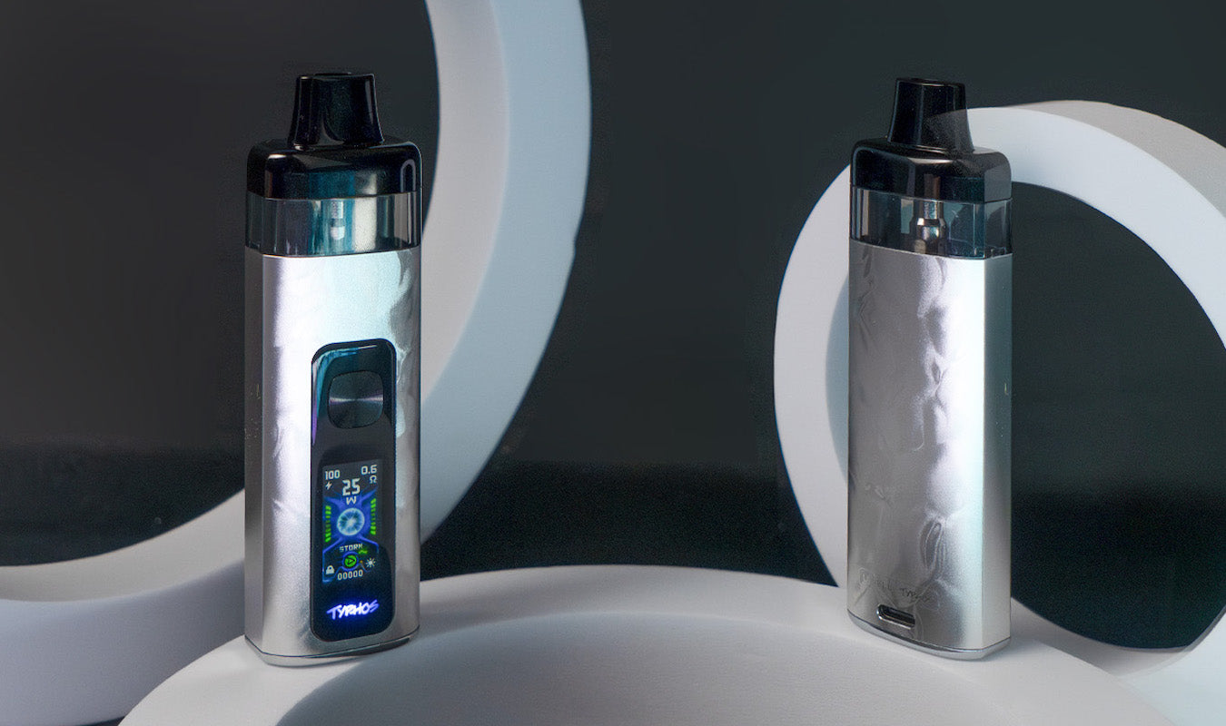 Two UWell Typhos vape devices in Starlight Silver displayed showing the back and front of the device