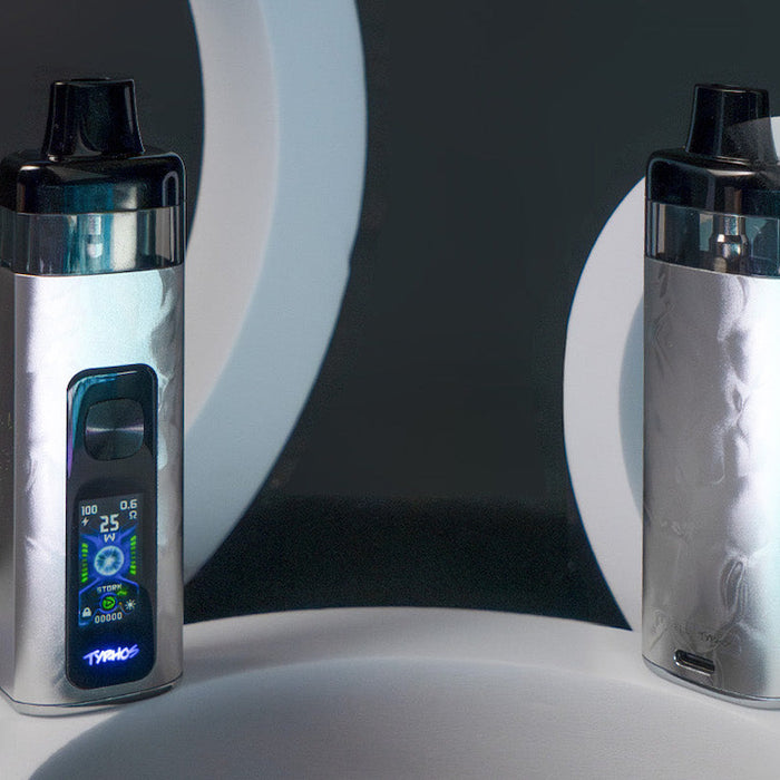 Two UWell Typhos vape devices in Starlight Silver displayed showing the back and front of the device