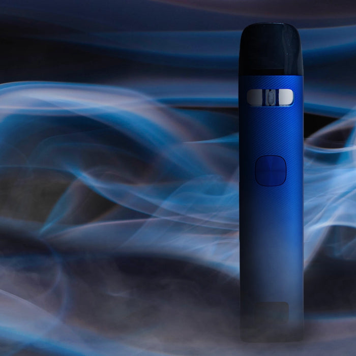 Blue UWell Caliburn G3 with smoke surrounding it on dark screen