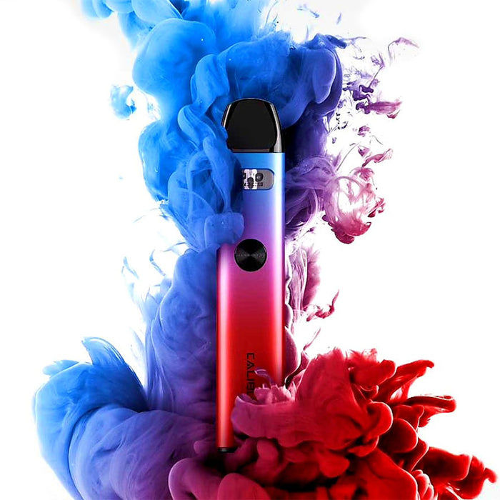 UWell Caliburn A2 vaporizer surrounded by ribbons of blue and red smoke