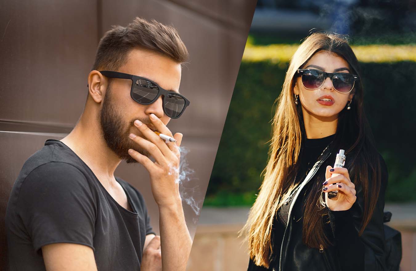 Guy smoking a cigarette and a girl vaping