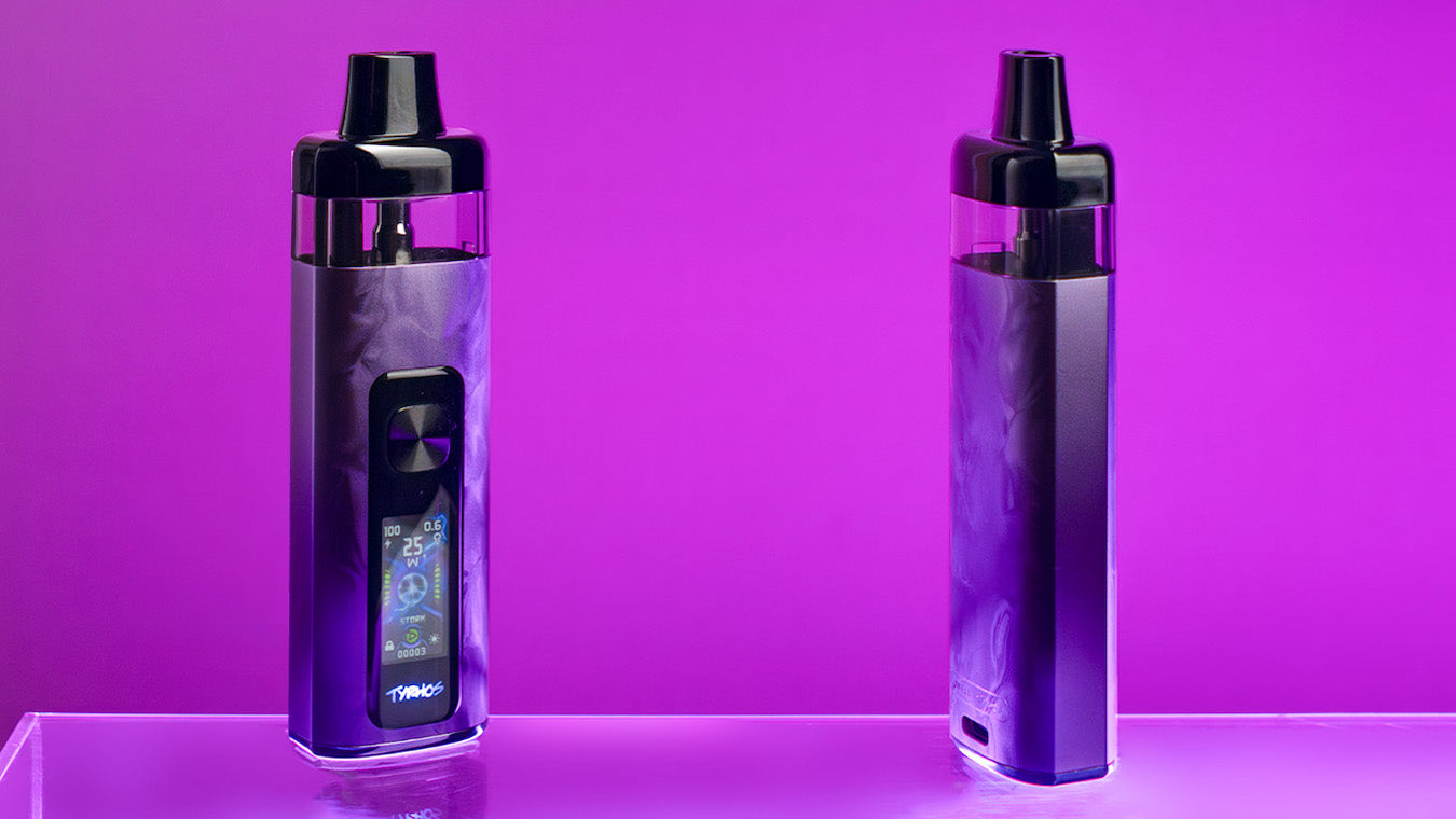 Two UWell Typhos vape devices in Polar Black standing on acrylic display with purple lit background