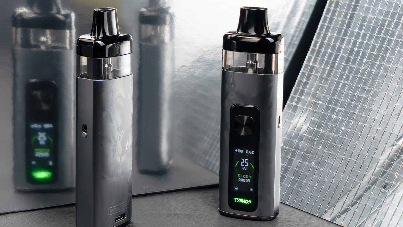 Two UWell Typhos vape devices in  Cement Grey displayed in front of a mirrored background showing front and back