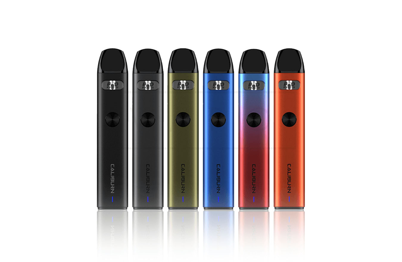 Six UWell Caliburn A2 devices in different colours on white background